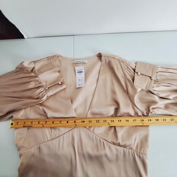 Abercrombie & Fitch Satin Deep V-neck Top Size L Long Sleeve Rose Gold Party NEW - Picture 5 of 11